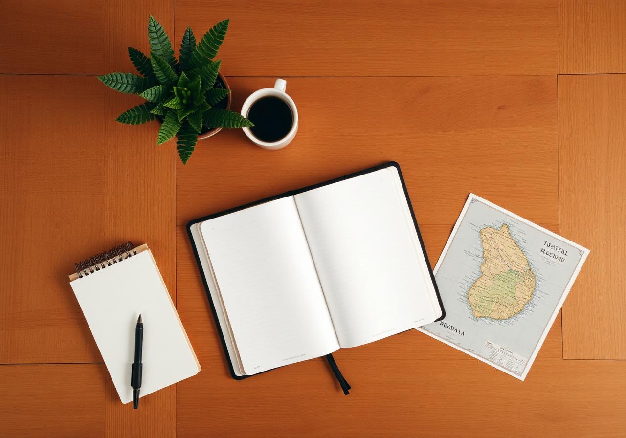 A desk with a notebook, coffee and a map representing the practical, research-led approach of Living in Cayman